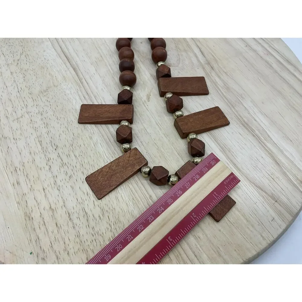 Necklace Brown Wood‎ Beaded Rectangle Pendant Statement 22 In Lobster Womens